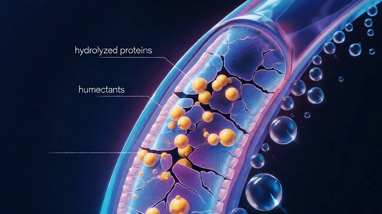 Ilustrace molekulární opravy struktury vlasu proteiny