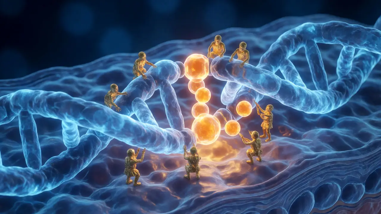 Ilustrace syntézy kolagenu v pokožce s molekulami peptidů a vitaminu C stabilizujícími strukturu.