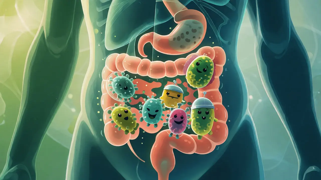 Ilustrace zdravého střevního mikrobiomu s přátelskými bakteriemi