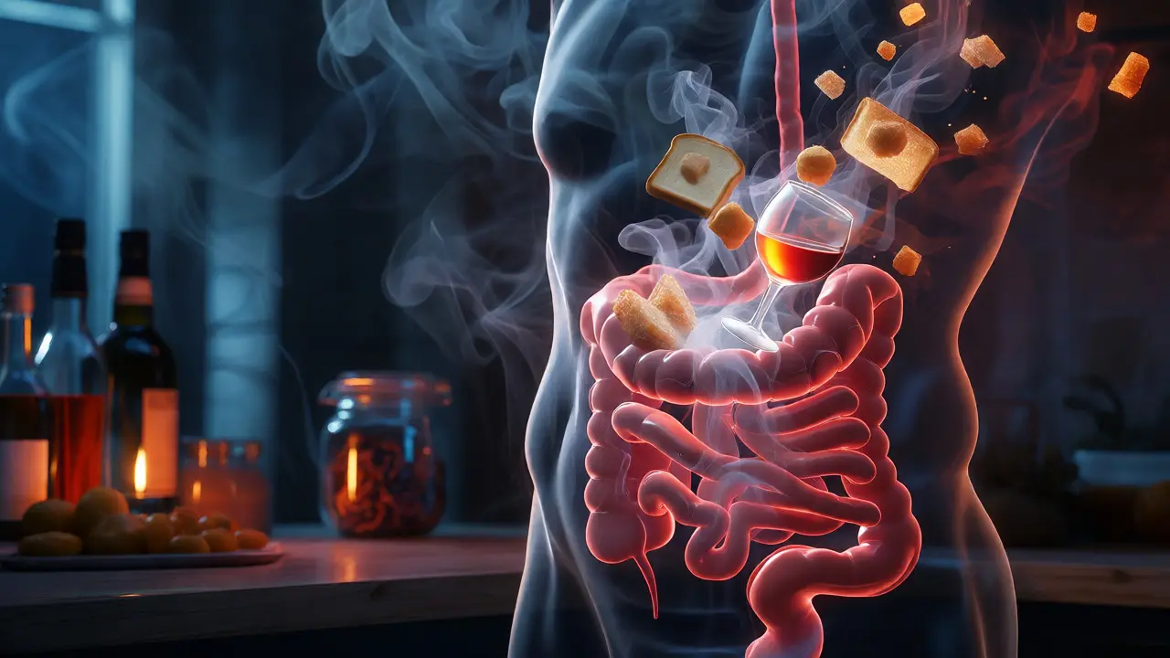 Konceptuální ilustrace negativního vlivu cukru a alkoholu na trávicí trakt