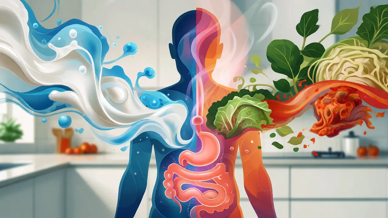 Konceptuální ilustrace spojující mléčné a rostlinné probiotické zdroje se zdravím