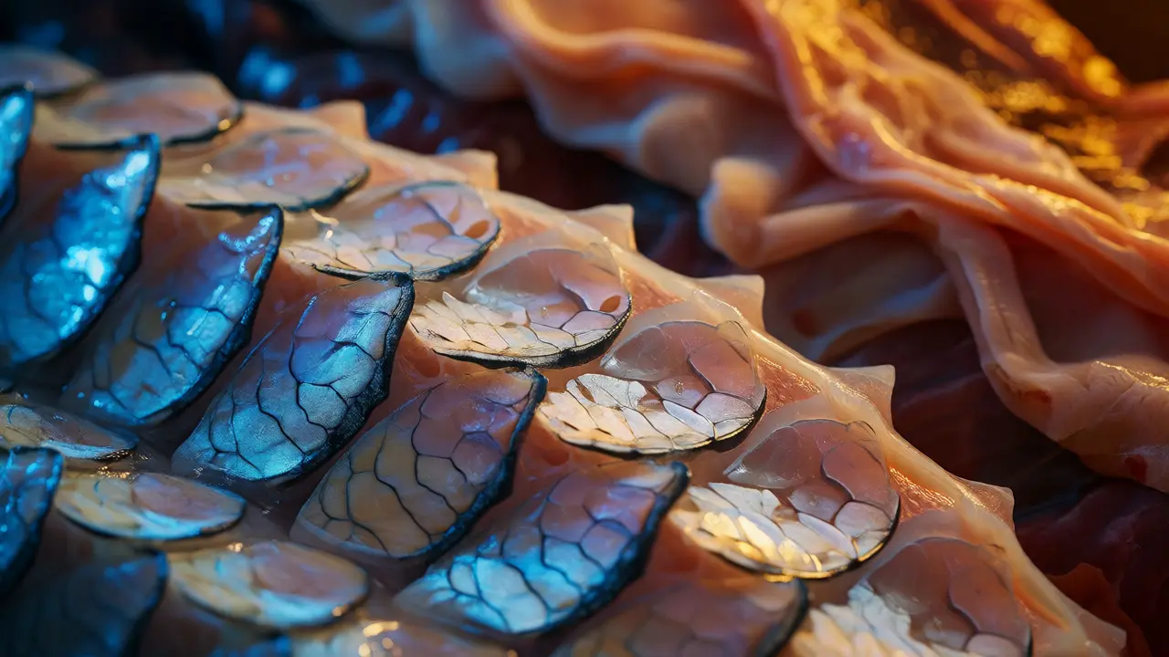 Makro fotografie rybích šupin a kostí vedle hovězích surovin pro výrobu kolagenu