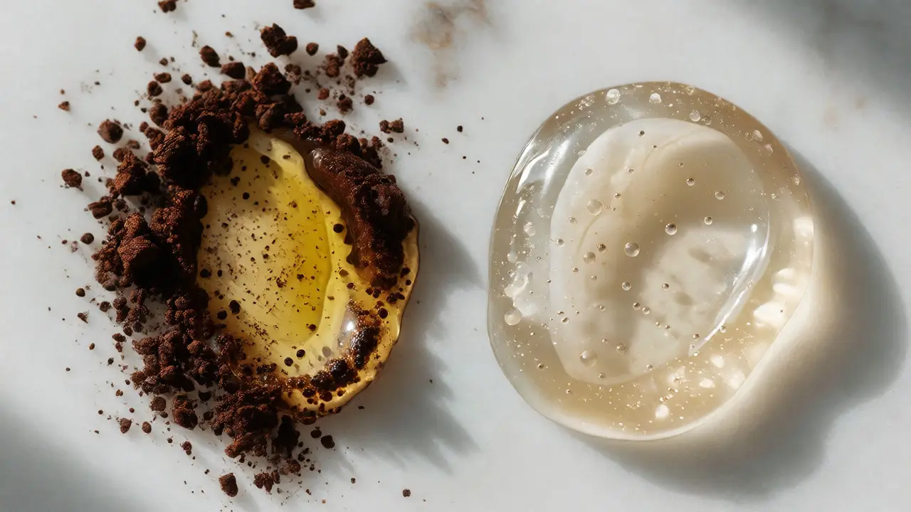Porovnání hrubého kávového peelingu a hladkého gelu pro chemickou exfoliaci