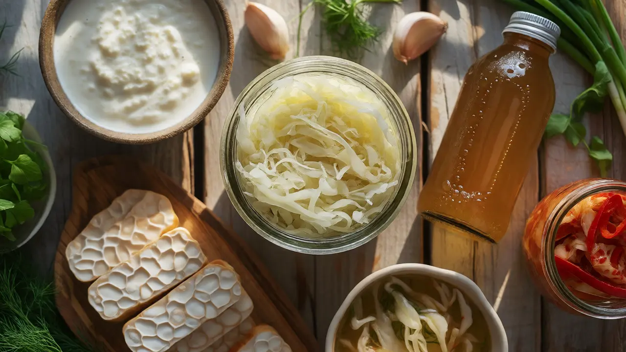 Rustikální stůl s fermentovanými potravinami: kysané zelí, kefír, tempeh a kimchi