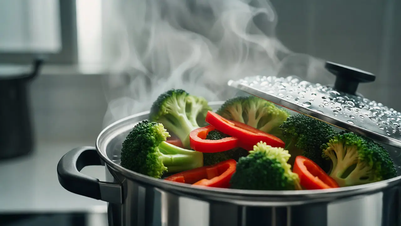 Brokolice a paprika dušené na páře v kuchyni