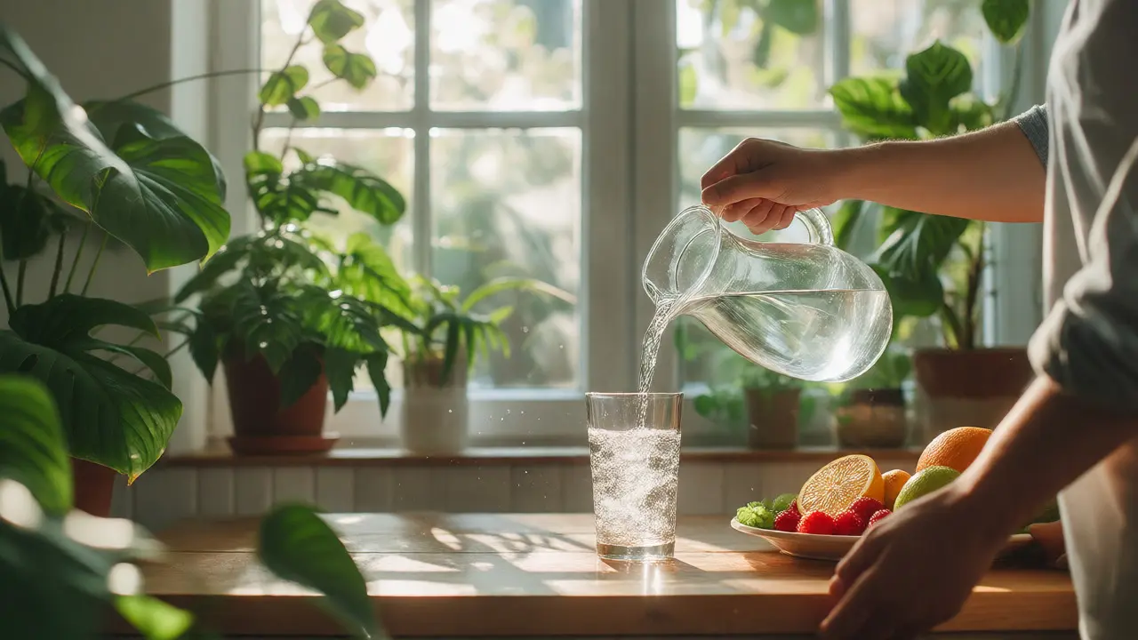 Čerstvá voda a ovoce na světlém pozadí symbolizující detoxikaci a zdraví.
