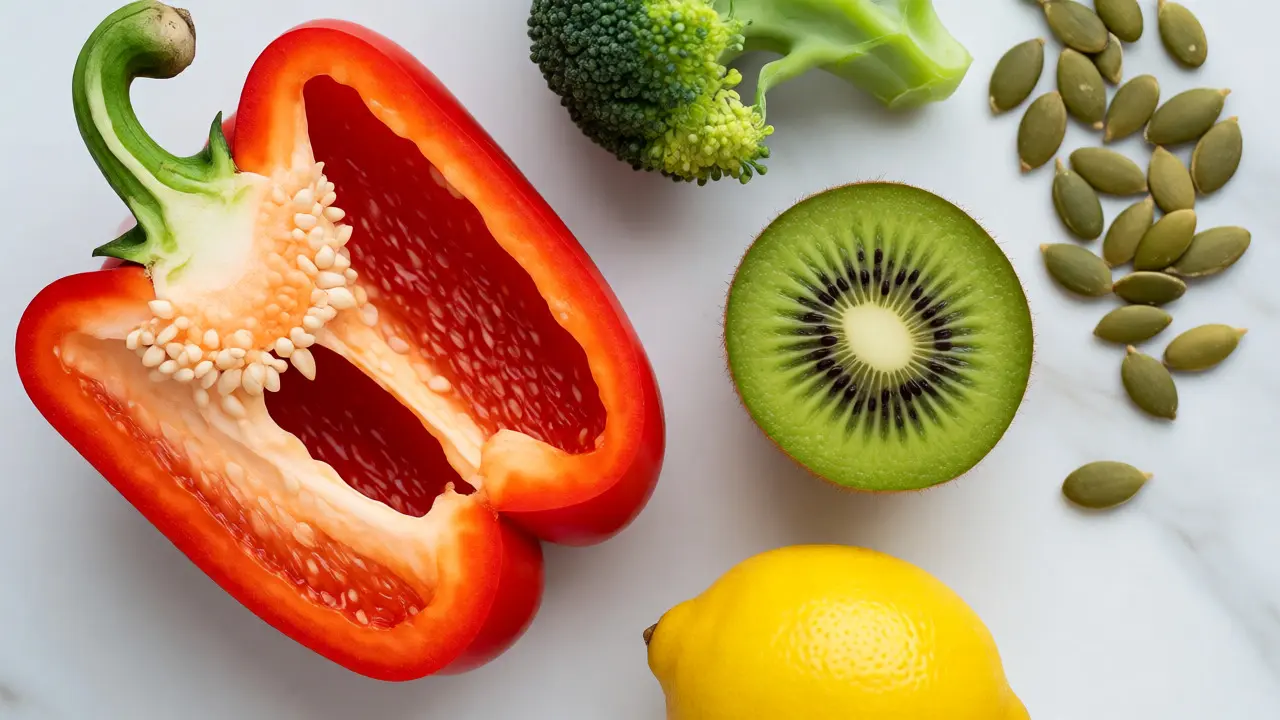 Čerstvé potraviny bohaté na vitamín C: paprika, kiwi a brokolice.
