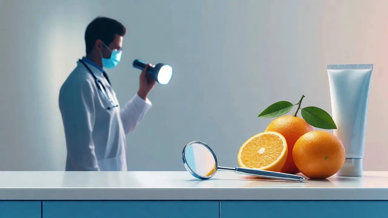 Dentální zrcátko, ovoce a silueta zubního lékaře jako symbol prevence
