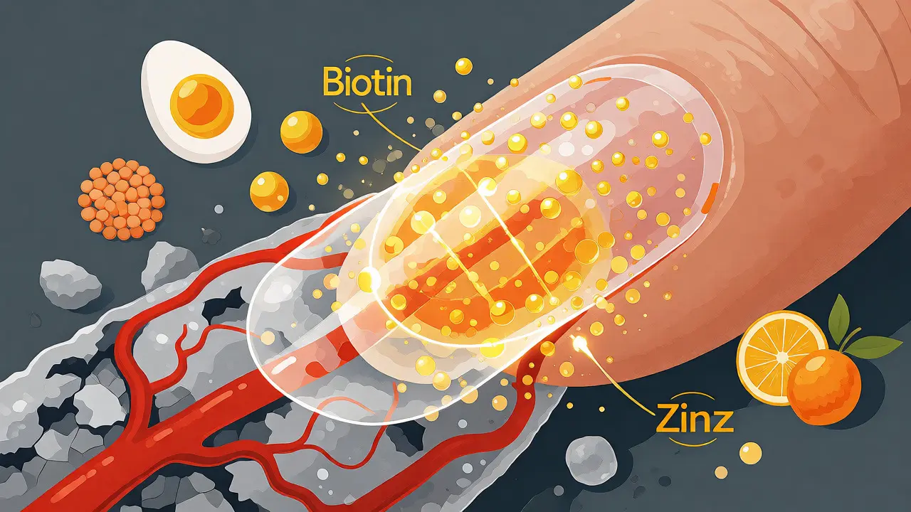 Ilustrace posilování struktury nehtu biotinem a zinkem s motivy zdravých potravin